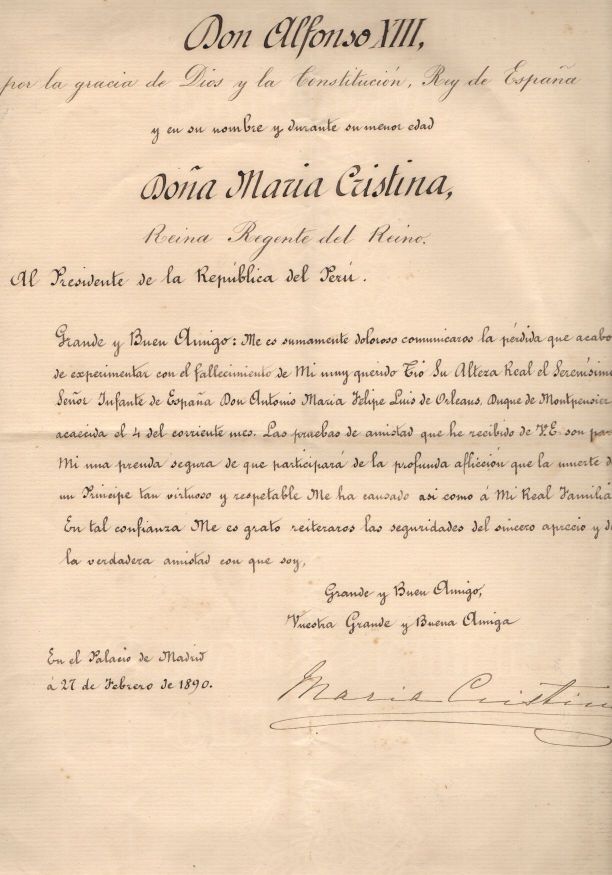 MARIA CRISTINA — Finely penned Document signed, in Spanish with translation, to the President of Peru, | Sophie Dupré Autographs