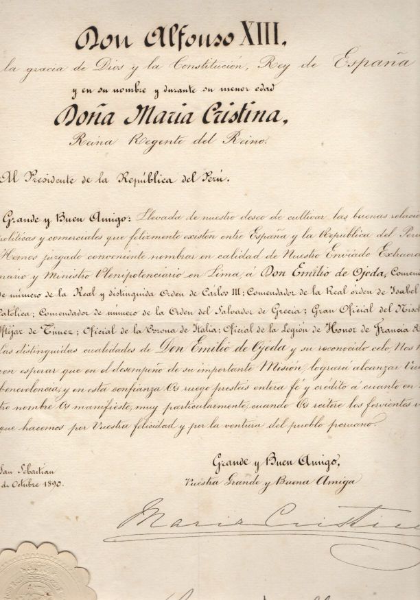 MARIA CRISTINA — Finely penned Document signed, in Spanish with translation, to the President of Peru, | Sophie Dupré Autographs