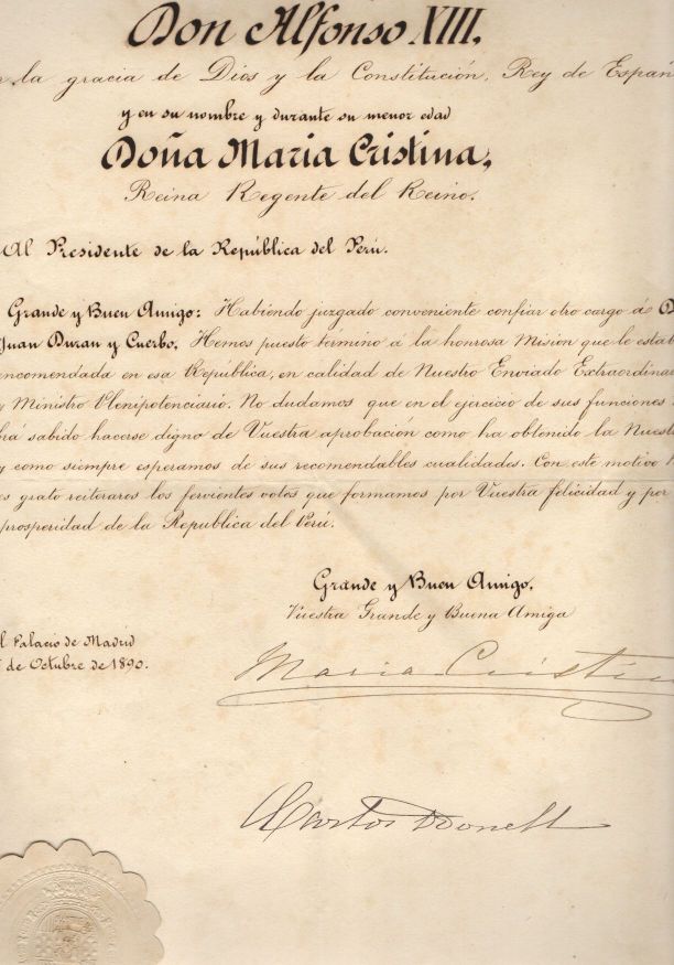MARIA CRISTINA — Finely penned Document signed, in Spanish with translation, to the President of Peru, | Sophie Dupré Autographs