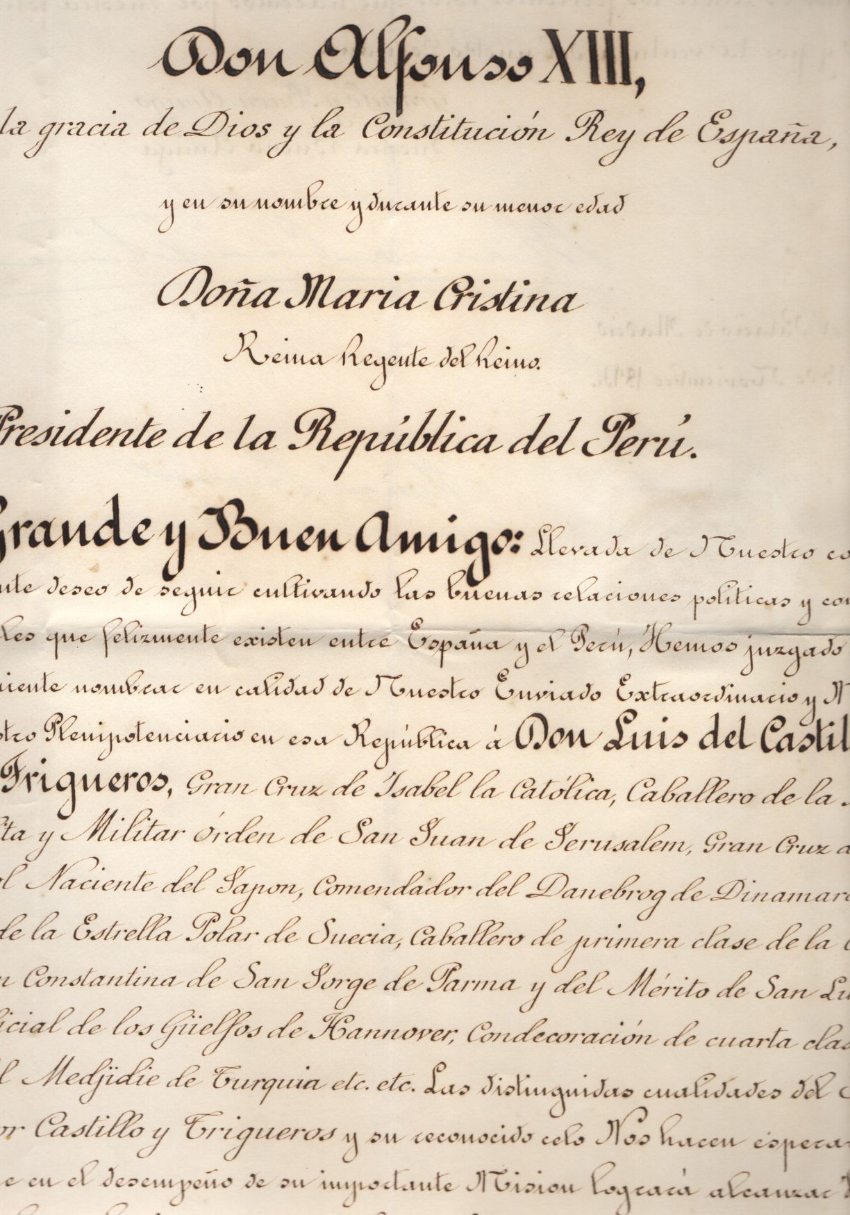 MARIA CRISTINA — Finely penned Document signed, in Spanish with translation, to the President of Peru, | Sophie Dupré Autographs