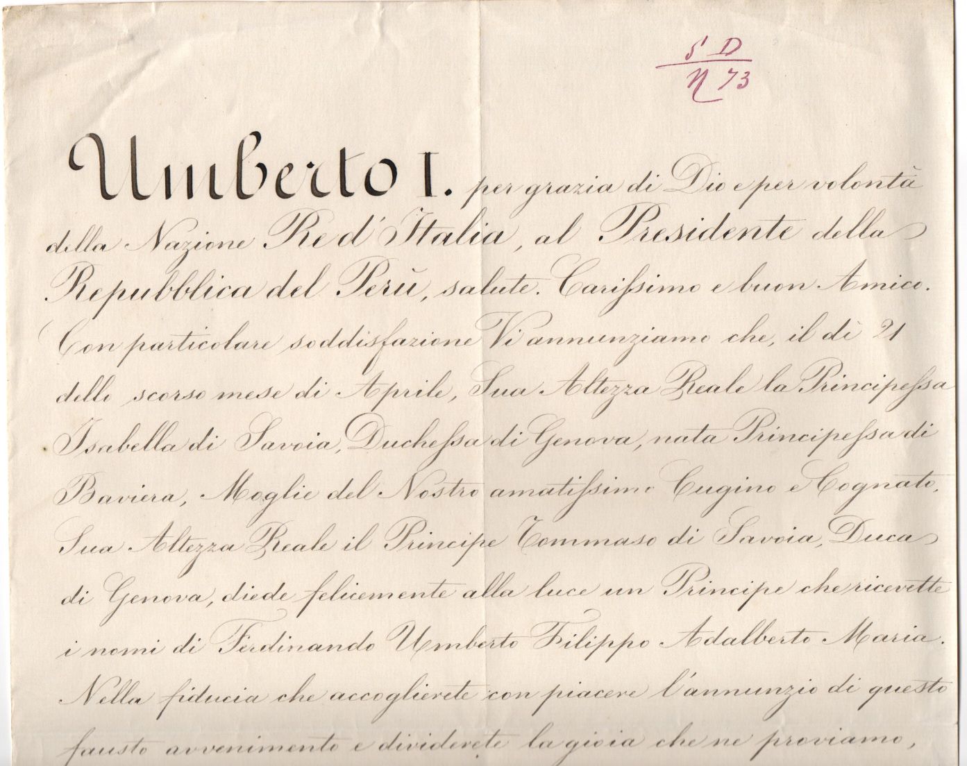 UMBERTO I — Finely penned Document signed, in Italian with translation, to the President of Peru, | Sophie Dupré Autographs