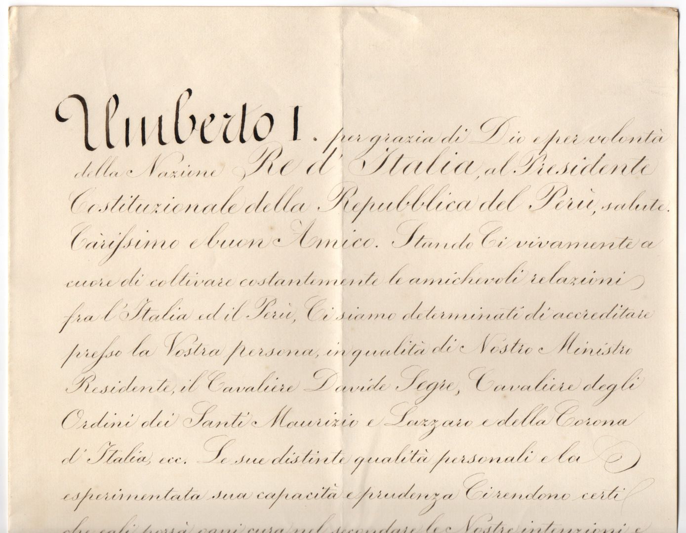 UMBERTO I — Finely penned Document signed, in Italian with translation, to the President of Peru, | Sophie Dupré Autographs