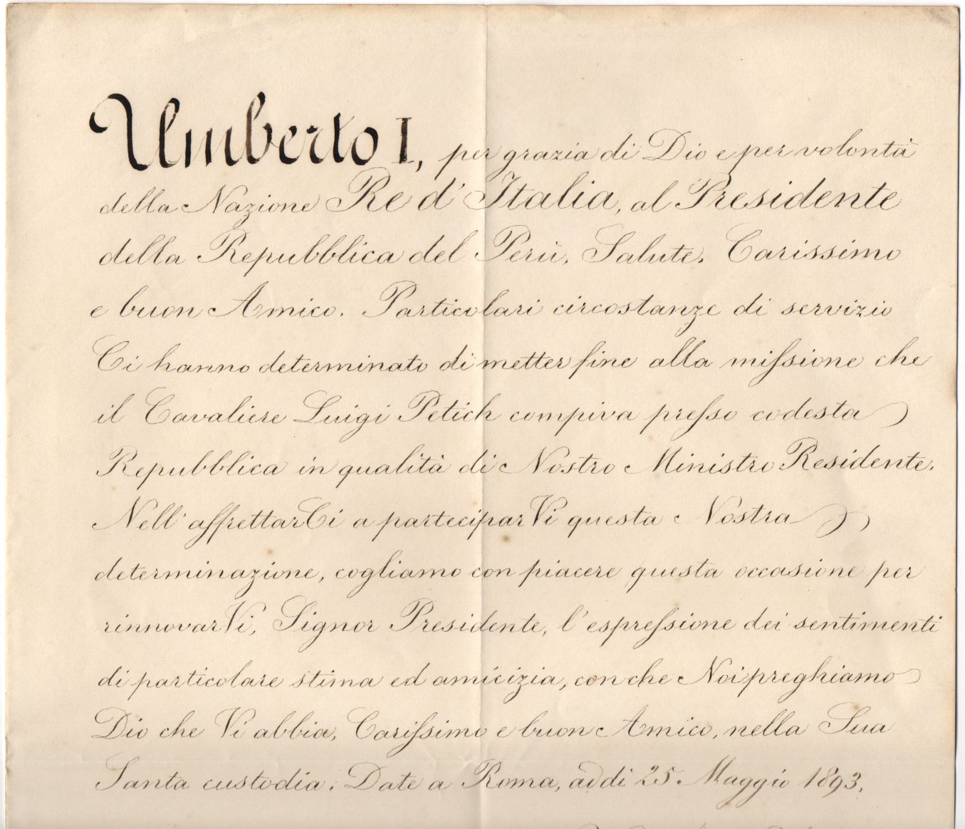 UMBERTO I — Finely penned Document signed, in Italian with translation, to the President of Peru, | Sophie Dupré Autographs