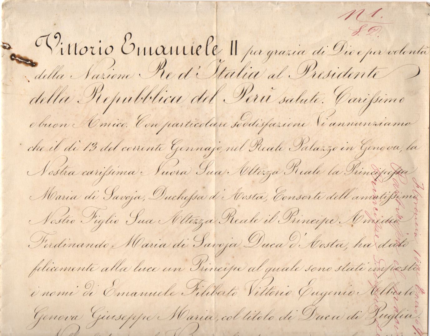 VITTORIO EMANUELE II — Finely penned Document signed, in Italian with translation, to the President of Peru, | Sophie Dupré Autographs