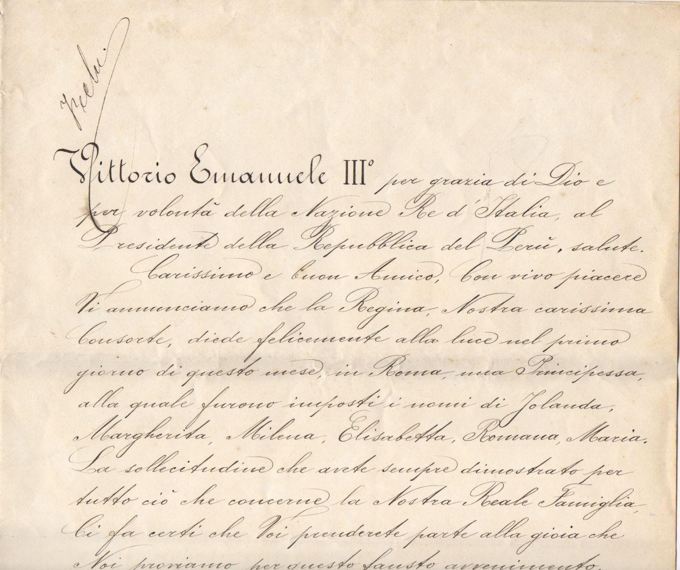 VITTORIO EMANUELE III — Finely penned Document signed, in Italian with translation, to the President of Peru, | Sophie Dupré Autographs