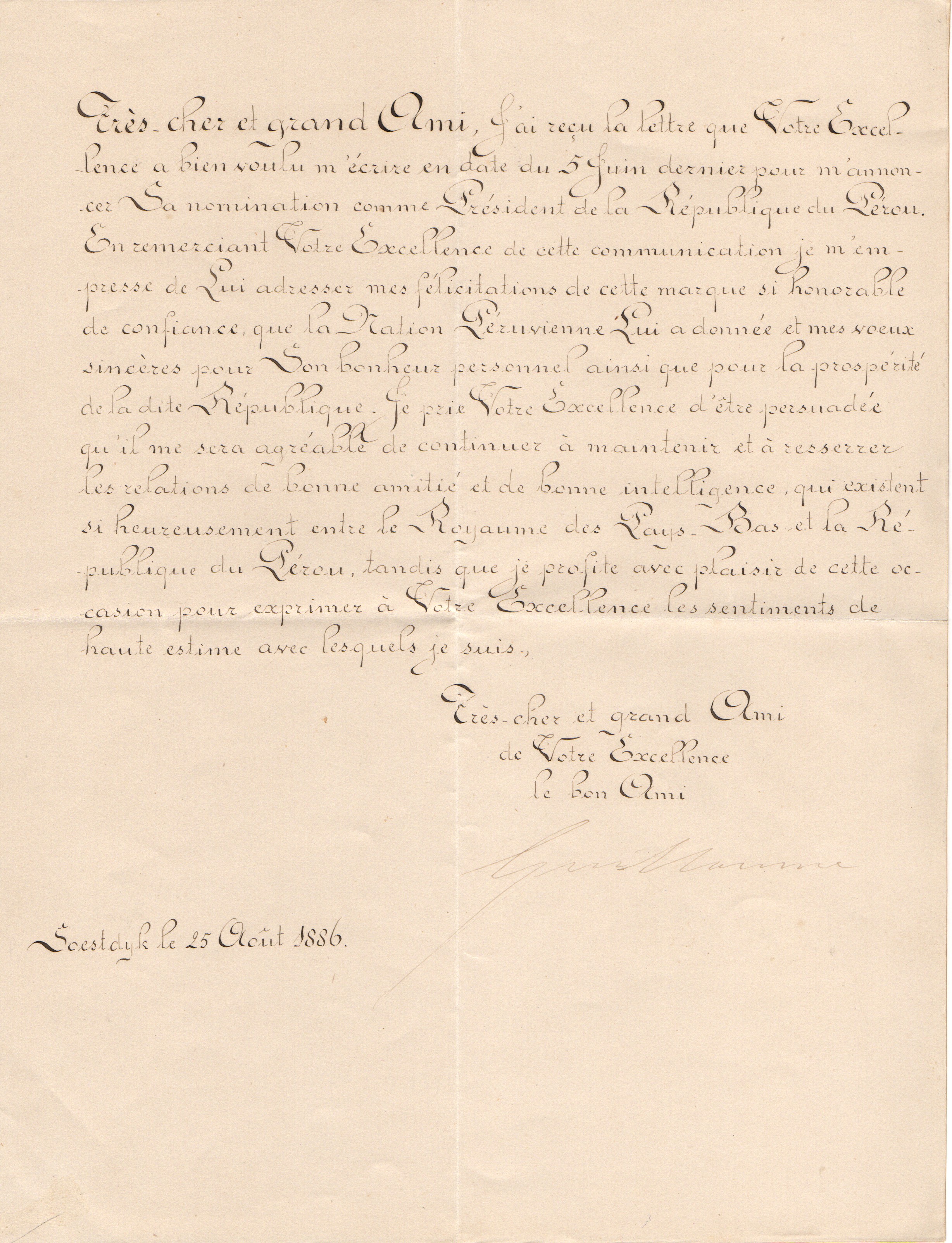 WILLEM III — Finely penned Document signed, in French with translation, to the President of Peru, | Sophie Dupré Autographs