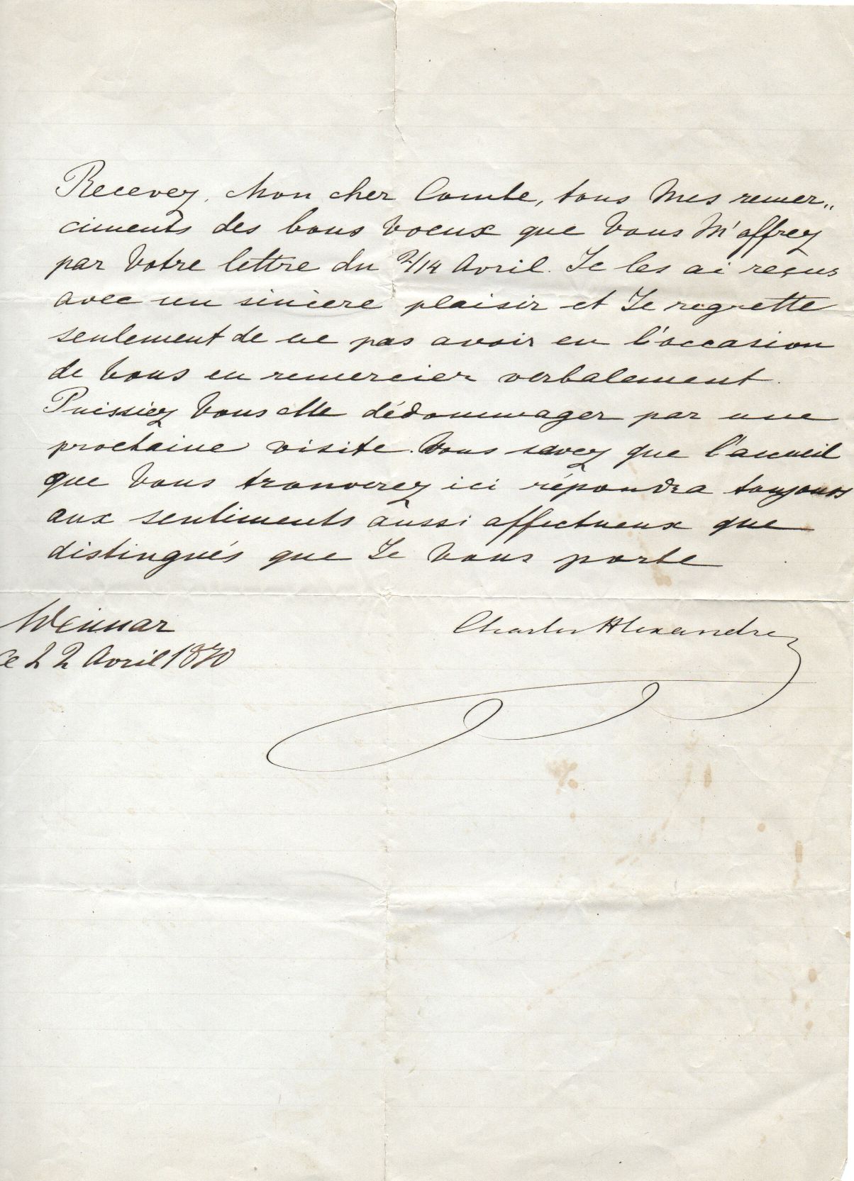 KARL ALEXANDER — LS 'Charles Alexandre' in French with translation, | Sophie Dupré Autographs