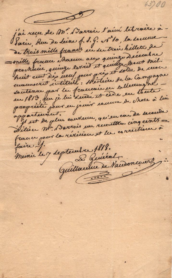 GUILLAUME DE VAUDONCOURT — Autograph letter signed, in French with translation, to his publisher Barrois of Paris, | Sophie Dupré Autographs