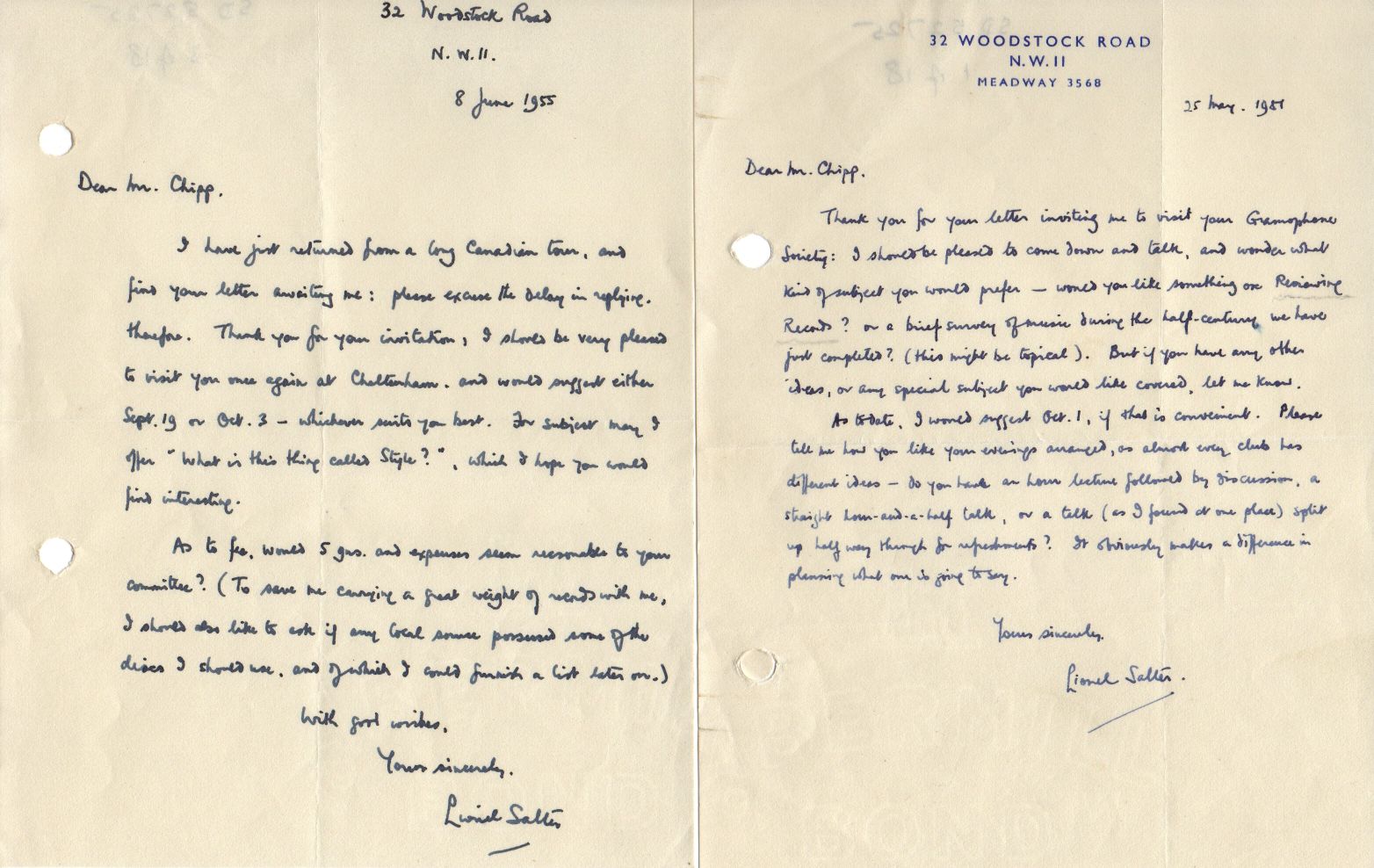 SALTER — Group of 15 Autograph Letter Signed and 3 Typed Letter Signed letters to the Cheltenham Gramophone Society, | Sophie Dupré Autographs