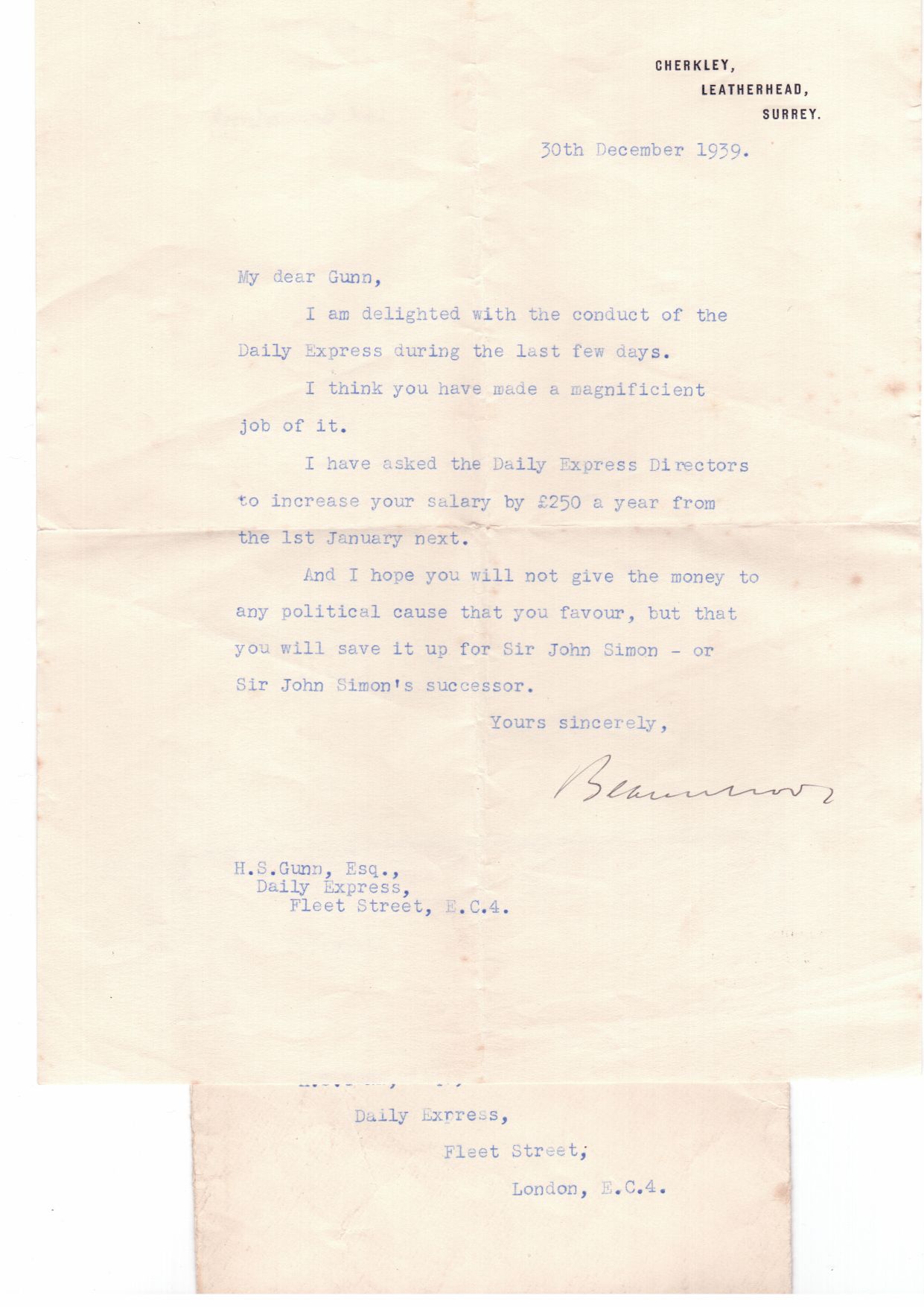BEAVERBROOK — Typed Letter Signed to Herbert S. Gunn, 1903-1962, editor of the Daily Express, | Sophie Dupré Autographs