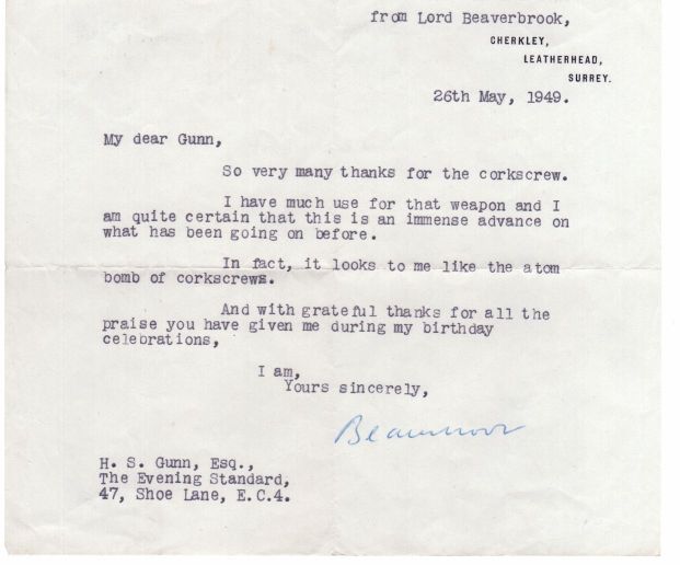 BEAVERBROOK — Typed Letter Signed to Herbert S. Gunn, 1903-1962, editor of the Evening Standard | Sophie Dupré Autographs