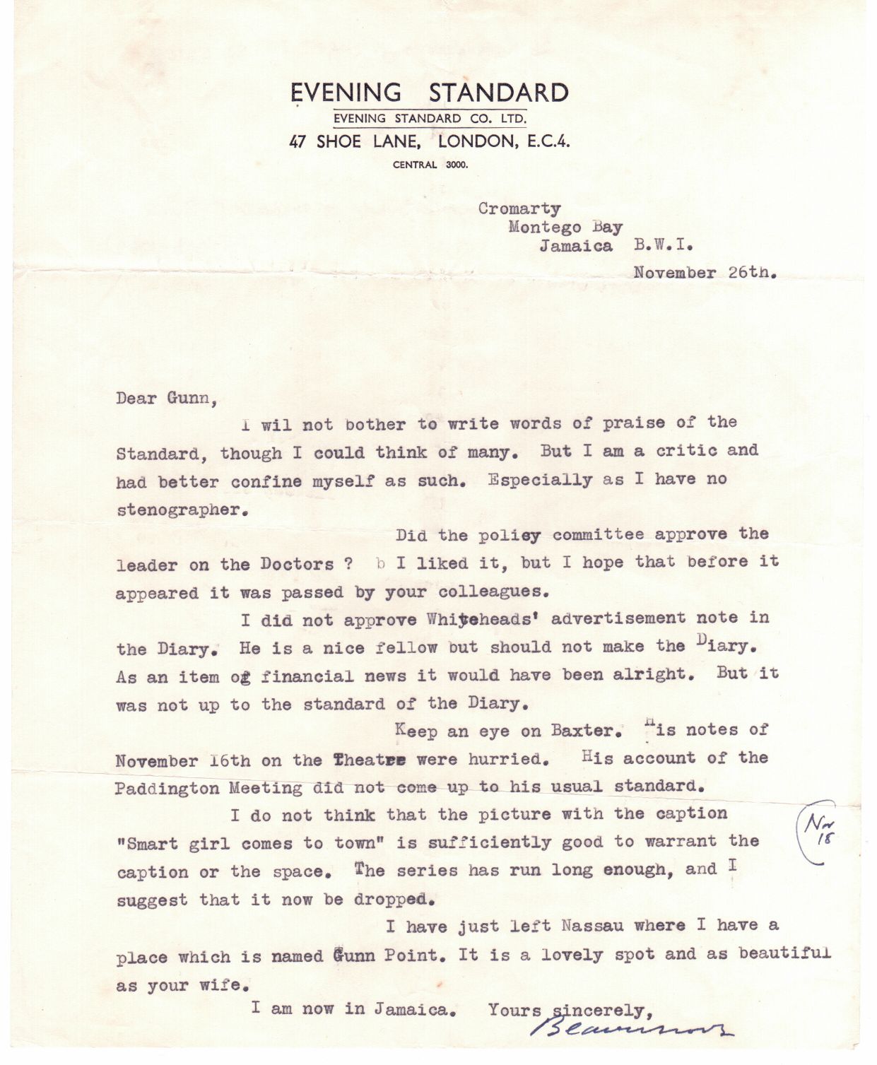 BEAVERBROOK — Typed Letter Signed to Herbert S. Gunn, 1903-1962, editor of the Evening Standard | Sophie Dupré Autographs