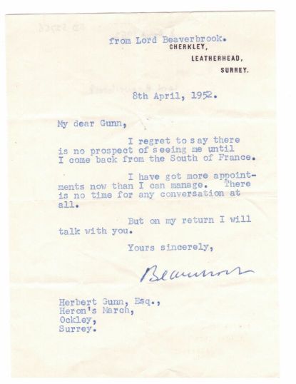 BEAVERBROOK — Typed Letter Signed to Herbert S. Gunn, 1903-1962, editor of the Evening Standard | Sophie Dupré Autographs