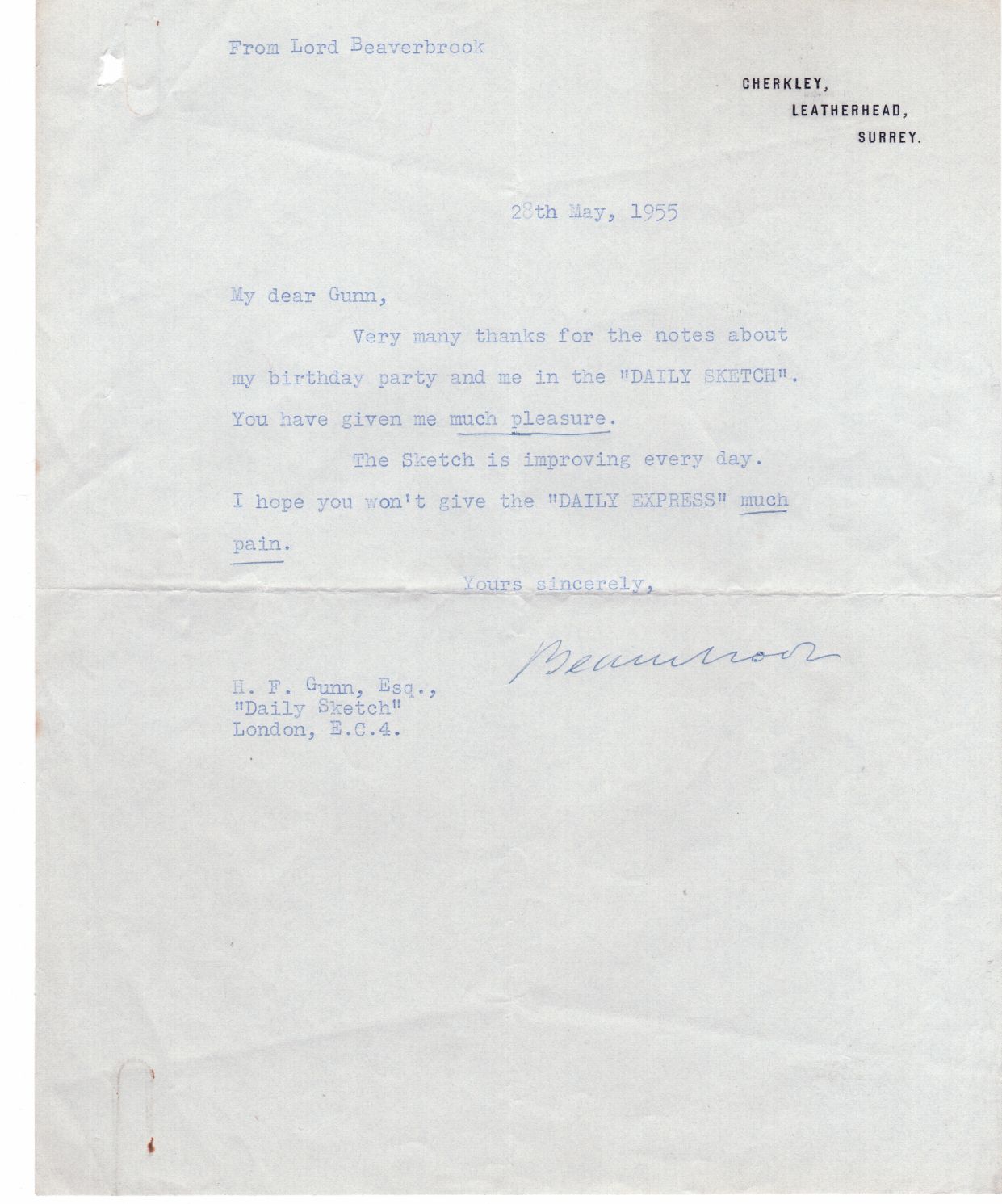BEAVERBROOK — Typed Letter Signed to Herbert S. Gunn, 1903-1962, editor of the Daily Sketch, 1953-1959, | Sophie Dupré Autographs