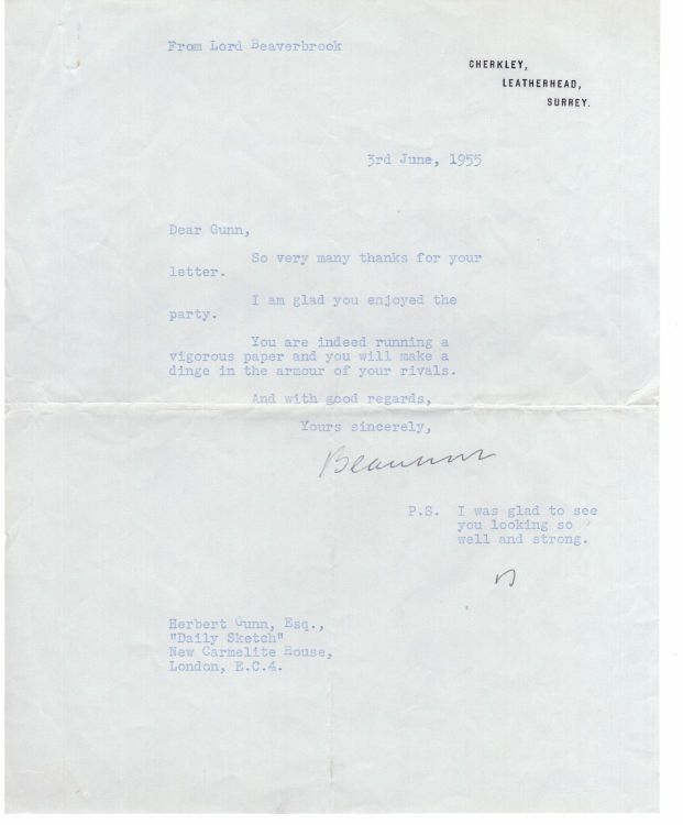 BEAVERBROOK — Typed Letter Signed to Herbert S. Gunn, 1903-1962, editor of the Daily Sketch, 1953-1959, | Sophie Dupré Autographs