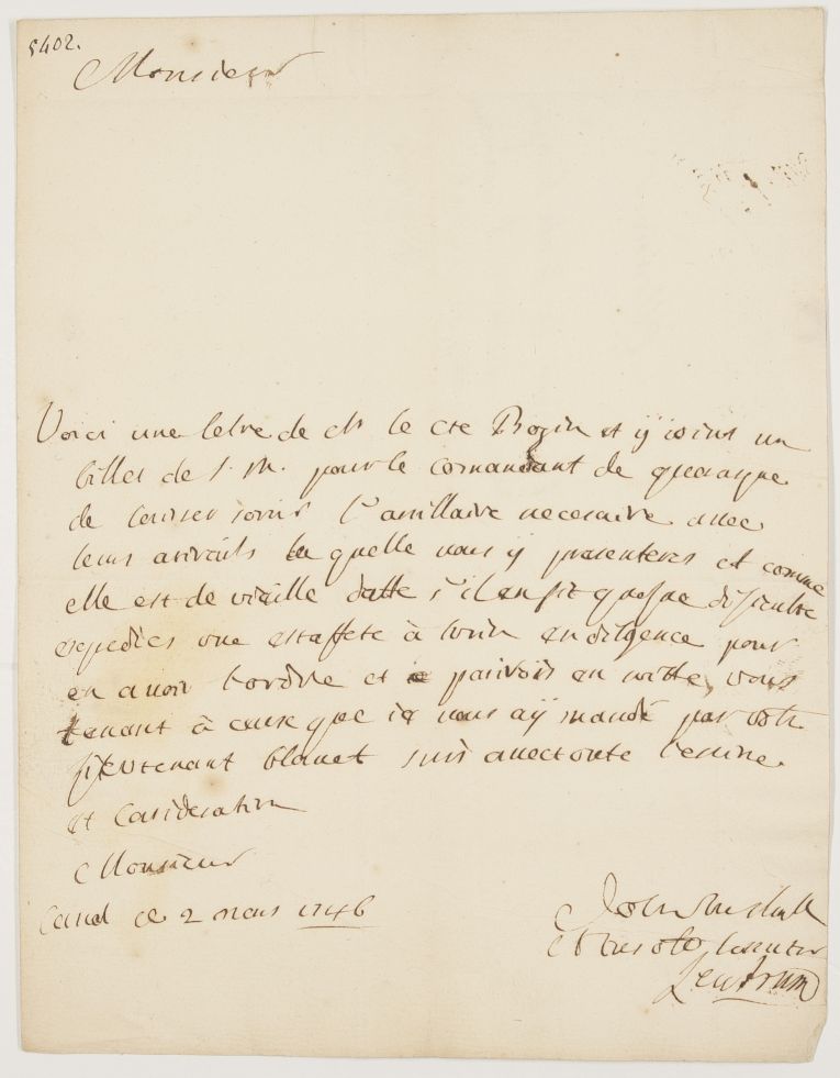 LEUTRUM — Autograph Letter Signed in French with translation, to Count Birago, Captain of Auxiliaries and Commanding the Canale Brigades at Cherasco (French Querasque), | Sophie Dupré Autographs