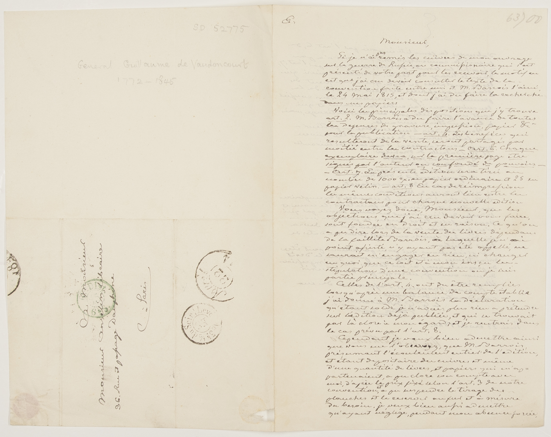 GUILLAUME DE VAUDONCOURT — Autograph Letter Signed in French with translation, to Monsieur Anselin, Bookseller in Paris, | Sophie Dupré Autographs