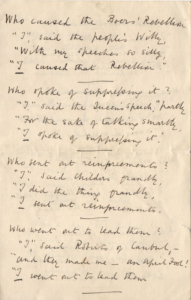 SOUTH AFRICAN WAR — Wry humorous verses on the South African War, 1899-1902, unsigned, | Sophie Dupré Autographs