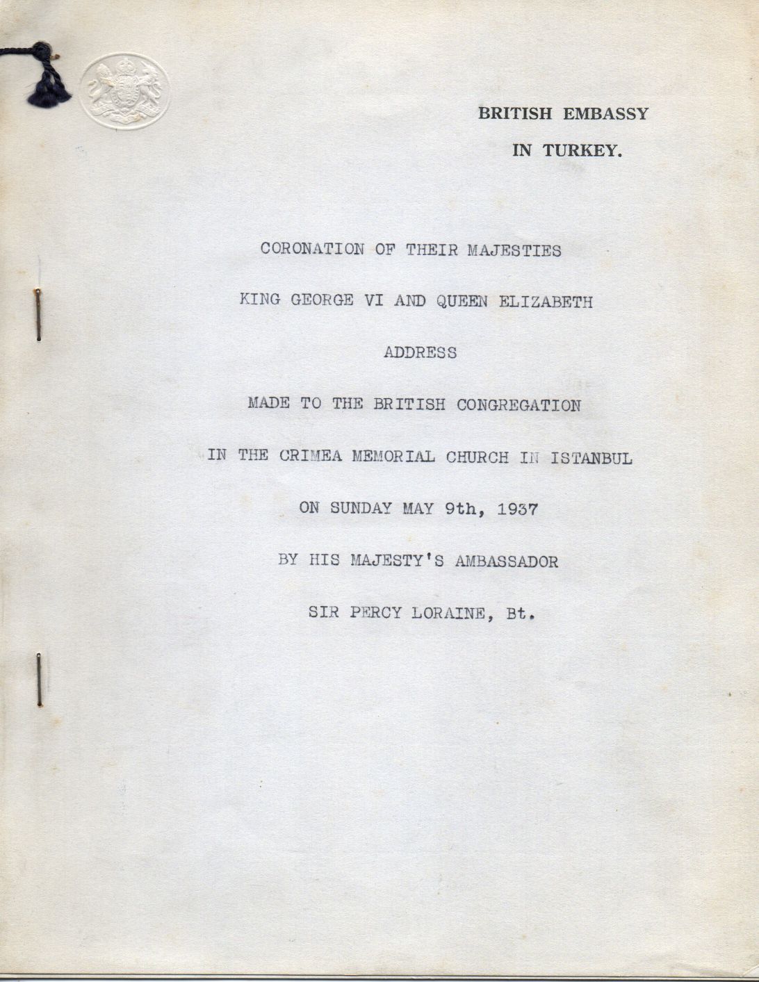[GEORGE VI — Typescript address on their coming Coronation by Sir Percy Loraine, | Sophie Dupré Autographs