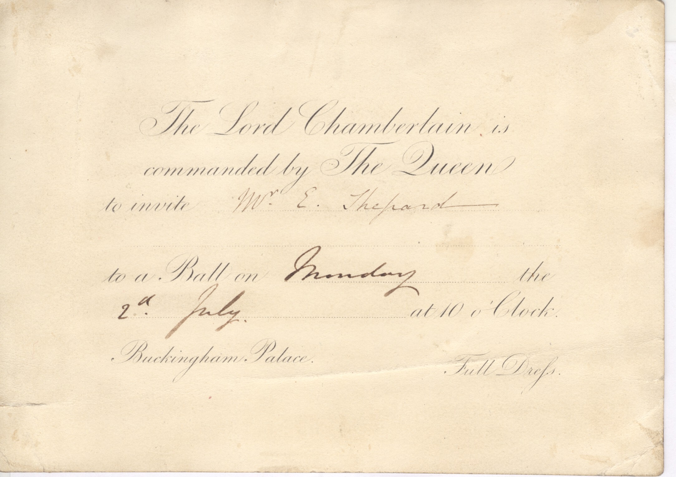 [VICTORIA — Invitation to a Ball at Buckingham Palace at 10 o'Clock, | Sophie Dupré Autographs