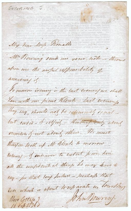 BOWRING — Delightful autograph letter signed to Miss Ronalds, | Sophie Dupré Autographs