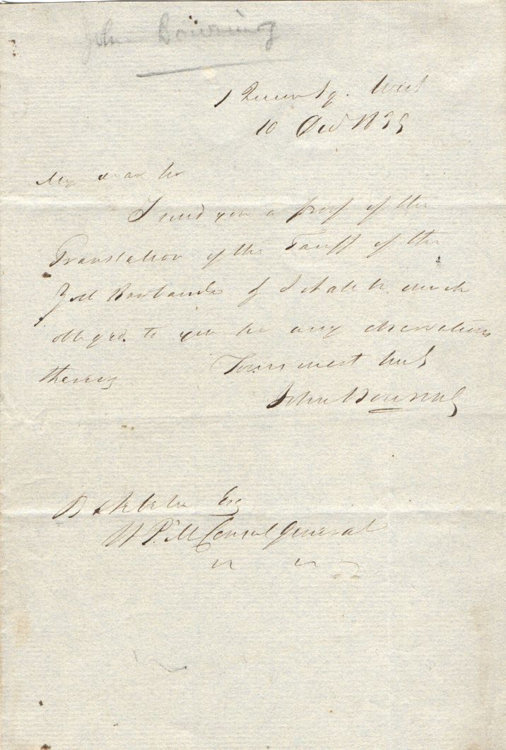 BOWRING — Autograph letter signed to H[is] Pr[ussian] M[ajesty's] Consul General, | Sophie Dupré Autographs
