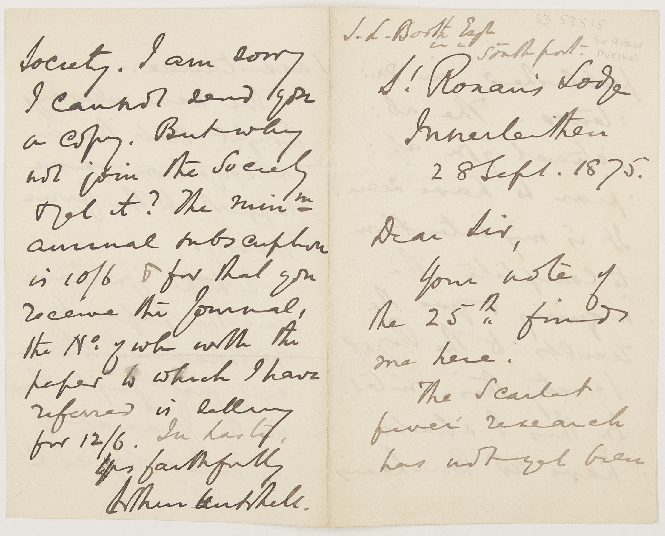 MITCHELL — Autograph letter signed to Samuel Lawson Booth, 1836-1928, | Sophie Dupré Autographs