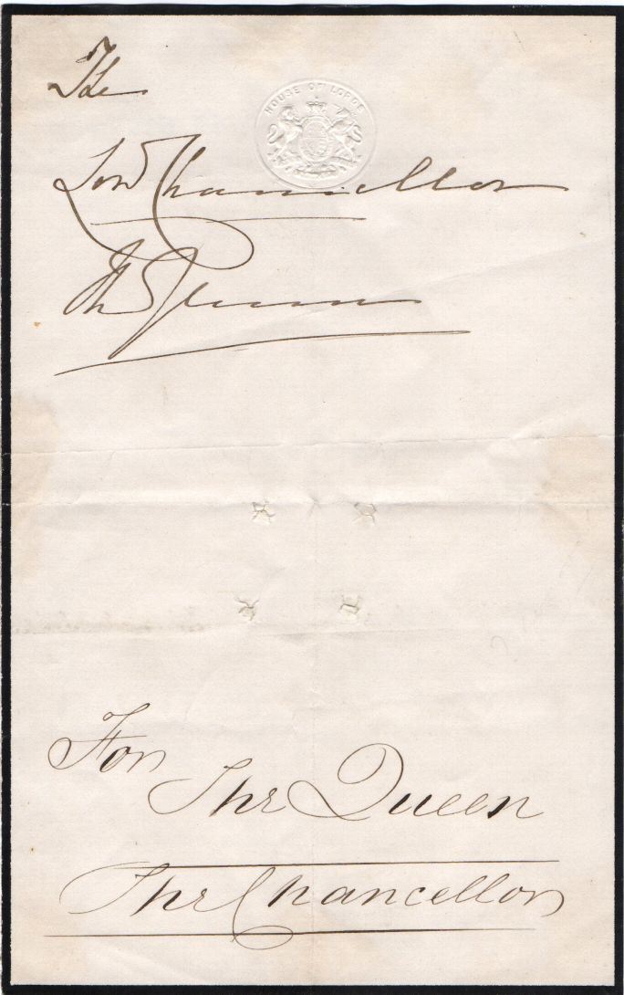 VICTORIA — Autograph Dispatch Box tag addressed to 'The Lord Chancellor | Sophie Dupré Autographs