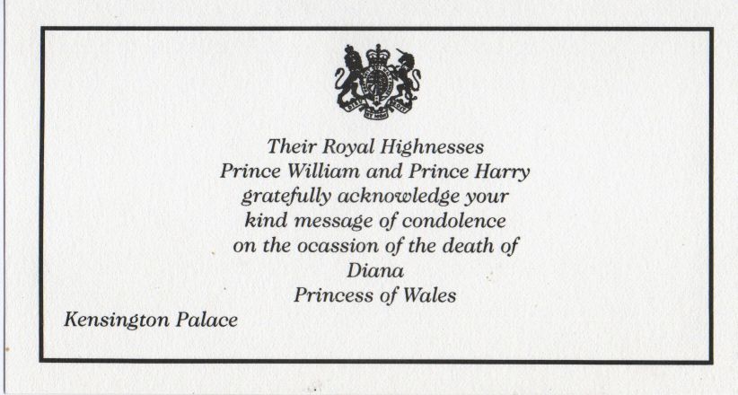 [DIANA — Printed message of thanks, unsigned, from Prince William & Prince Harry, | Sophie Dupré Autographs