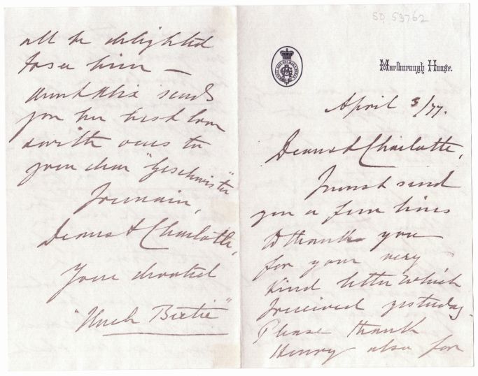 EDWARD VII — Affectionate autograph letter signed to 'Dearest Charlotte', | Sophie Dupré Autographs