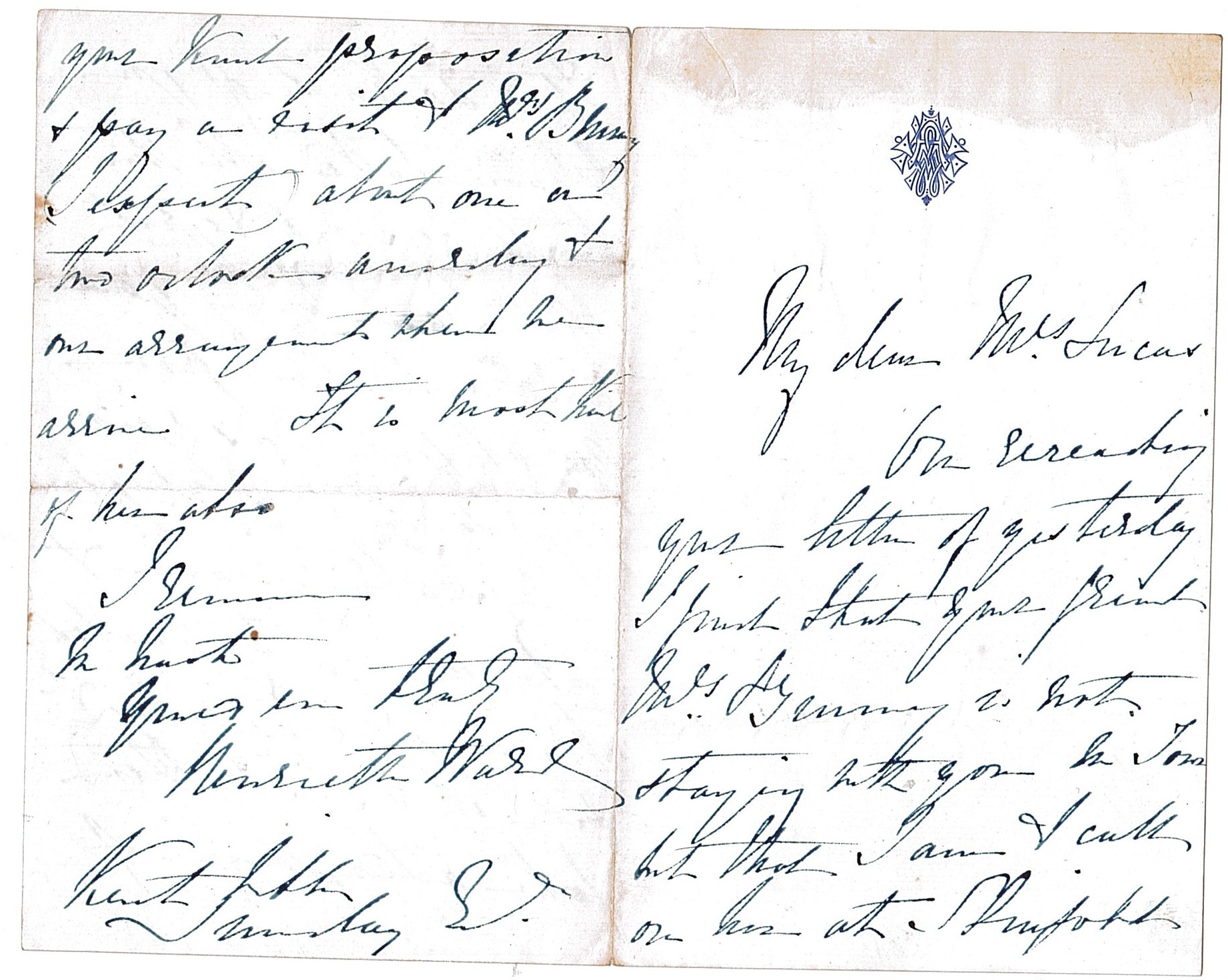 WARD — Autograph letter signed to Mrs Lucas, | Sophie Dupré Autographs