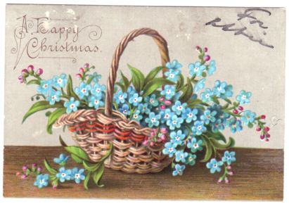 ARTHUR — Christmas Card printed in colours of a basket of forget-me-nots, | Sophie Dupré Autographs