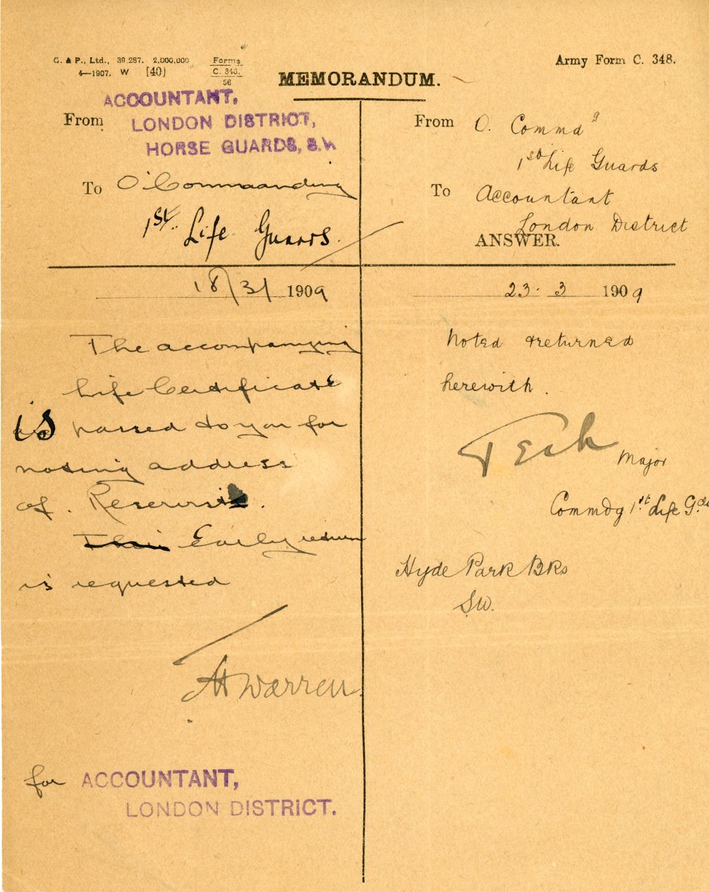 CAMBRIDGE — Memorandum signed 'Teck' as Major, Commanding 1st Life Guards, | Sophie Dupré Autographs