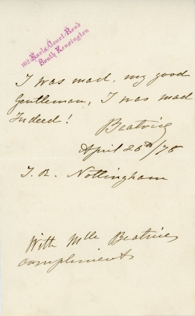 BEATRICE — Autograph Quotation Signed 'Beatrice' and subscribed, | Sophie Dupré Autographs