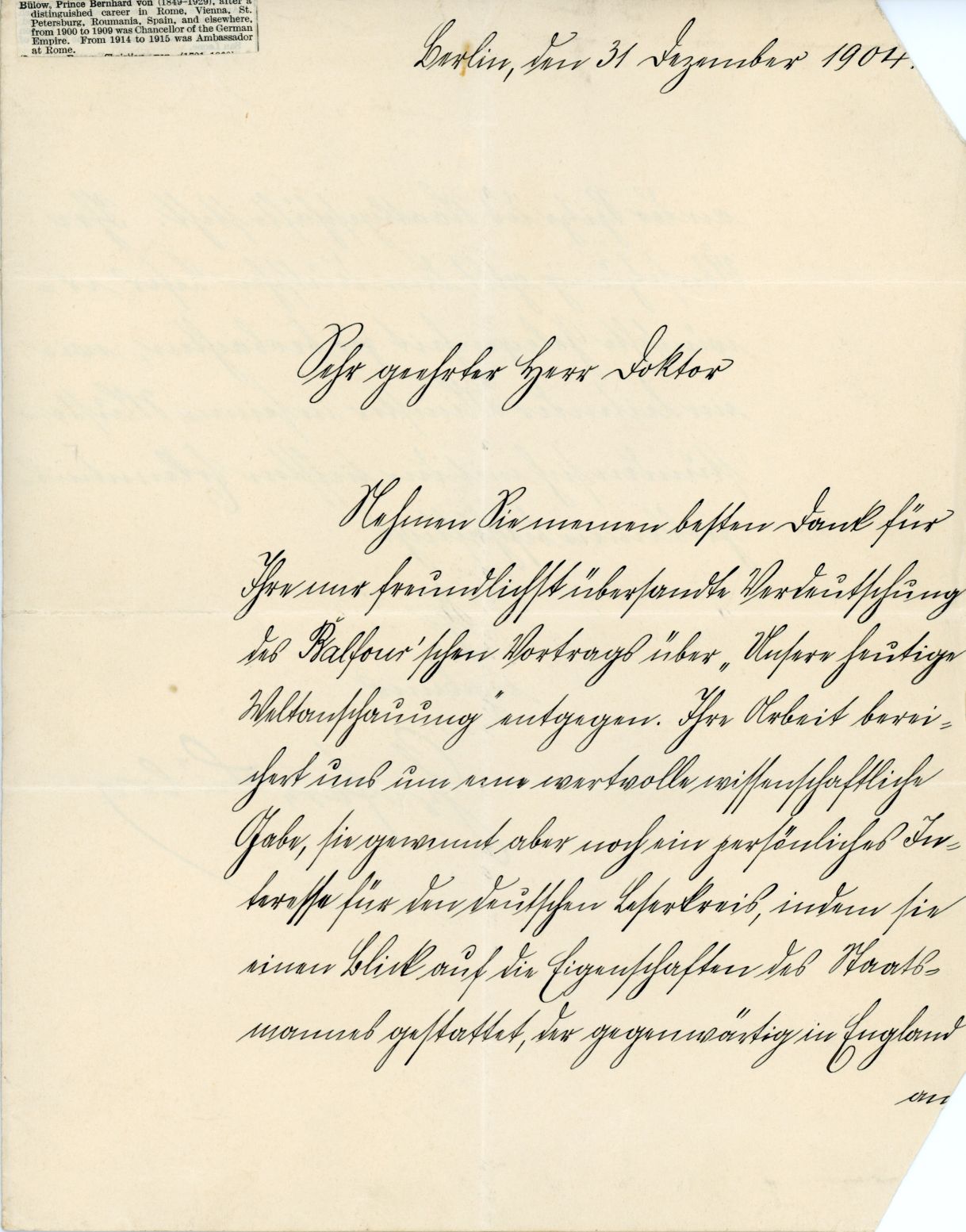 BÜLOW — Finely written Letter Signed, in German with translation, to 'Herr Doktor', | Sophie Dupré Autographs