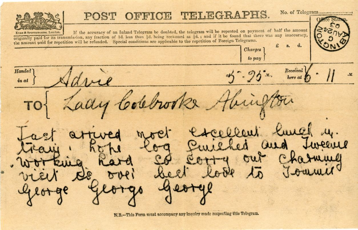 [GEORGE V — Telegram to Lady Colebrooke as received at Abington, Lanarkshire, | Sophie Dupré Autographs