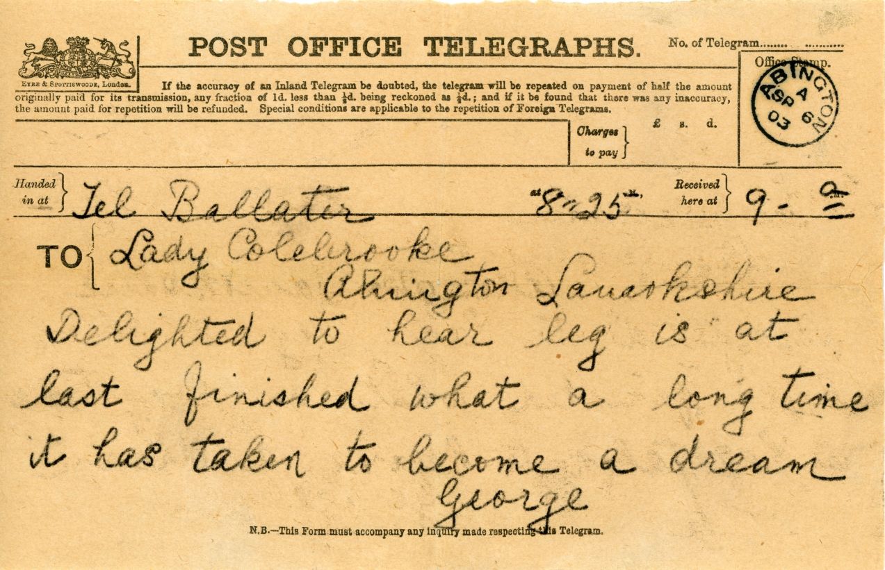 [GEORGE V — Telegram to Lady Colebrooke as received at Abington, Lanarkshire, | Sophie Dupré Autographs