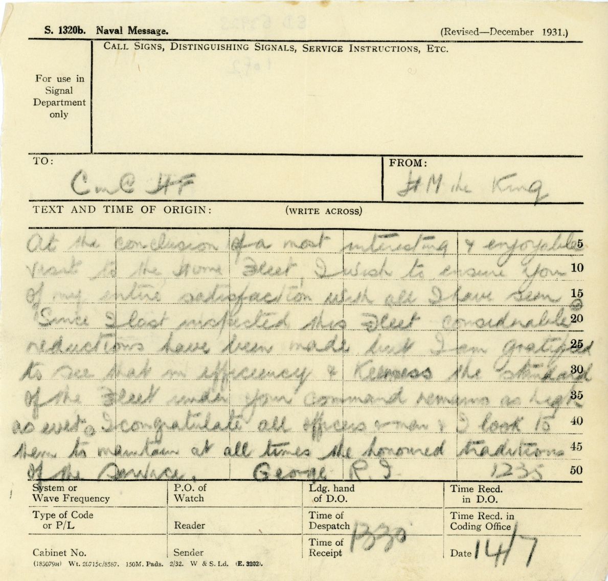 [GEORGE V — Pair of Naval Signals as received, | Sophie Dupré Autographs