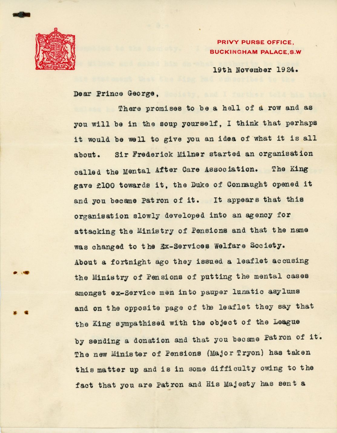 [GEORGE — Typed Letter Signed addressed to 'Dear Prince George' by Sir Frederick Ponsonby, | Sophie Dupré Autographs