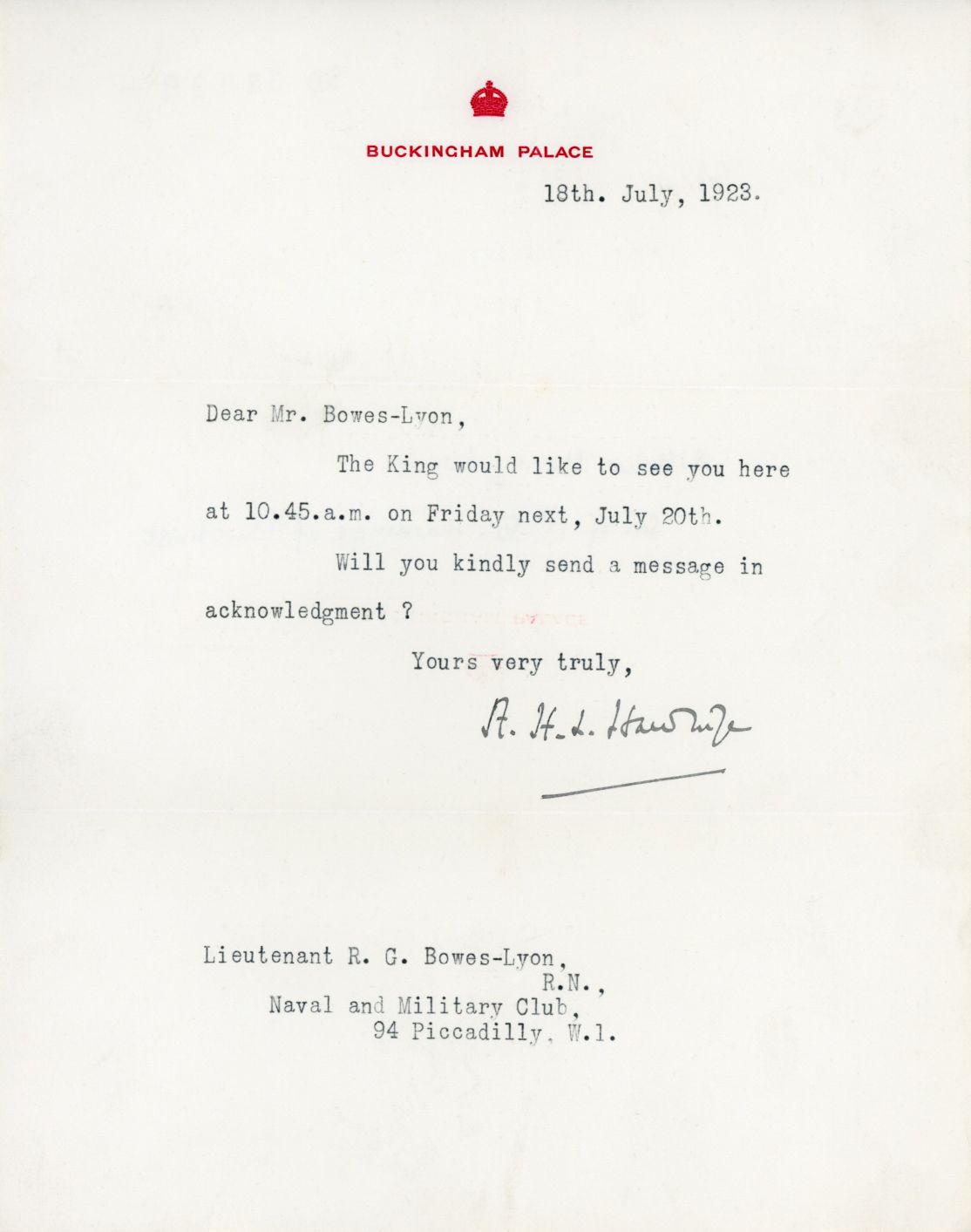 HARDINGE — Typed Letter Signed to Lieutenant Ronald George Bowes-Lyon, R.N., | Sophie Dupré Autographs