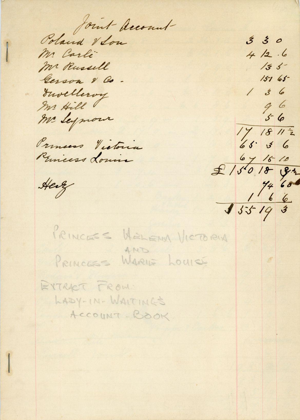 [HELENA VICTORIA — Manuscript Extract from their Lady-in-Waiting's Account Book, | Sophie Dupré Autographs
