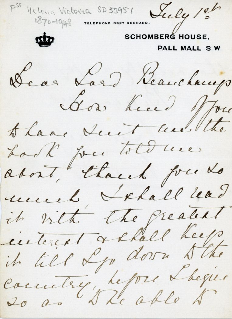HELENA VICTORIA — Autograph Letter Signed Victoria to Lord Beauchamp | Sophie Dupré Autographs