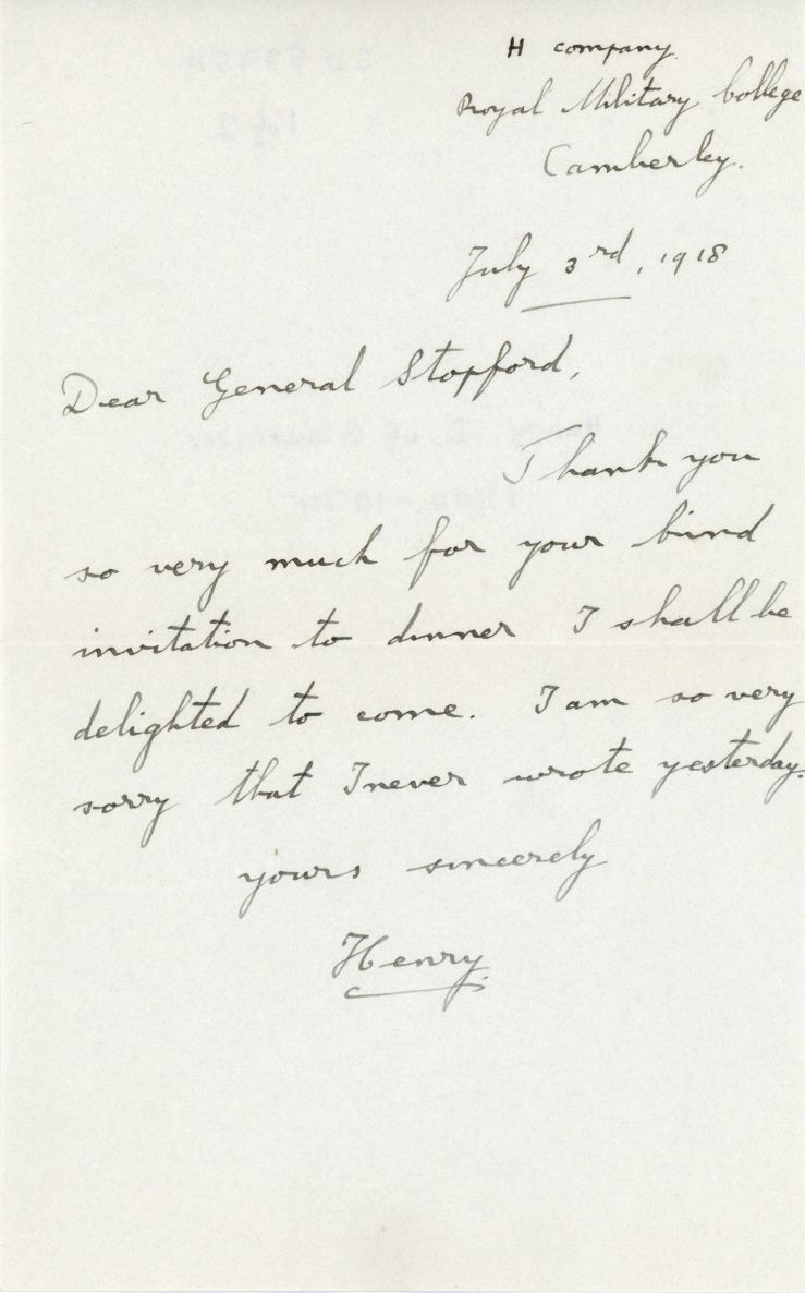 HENRY — Autograph Letter Signed to General Sir Lionel A.M. Stopford, (1860-1943, | Sophie Dupré Autographs