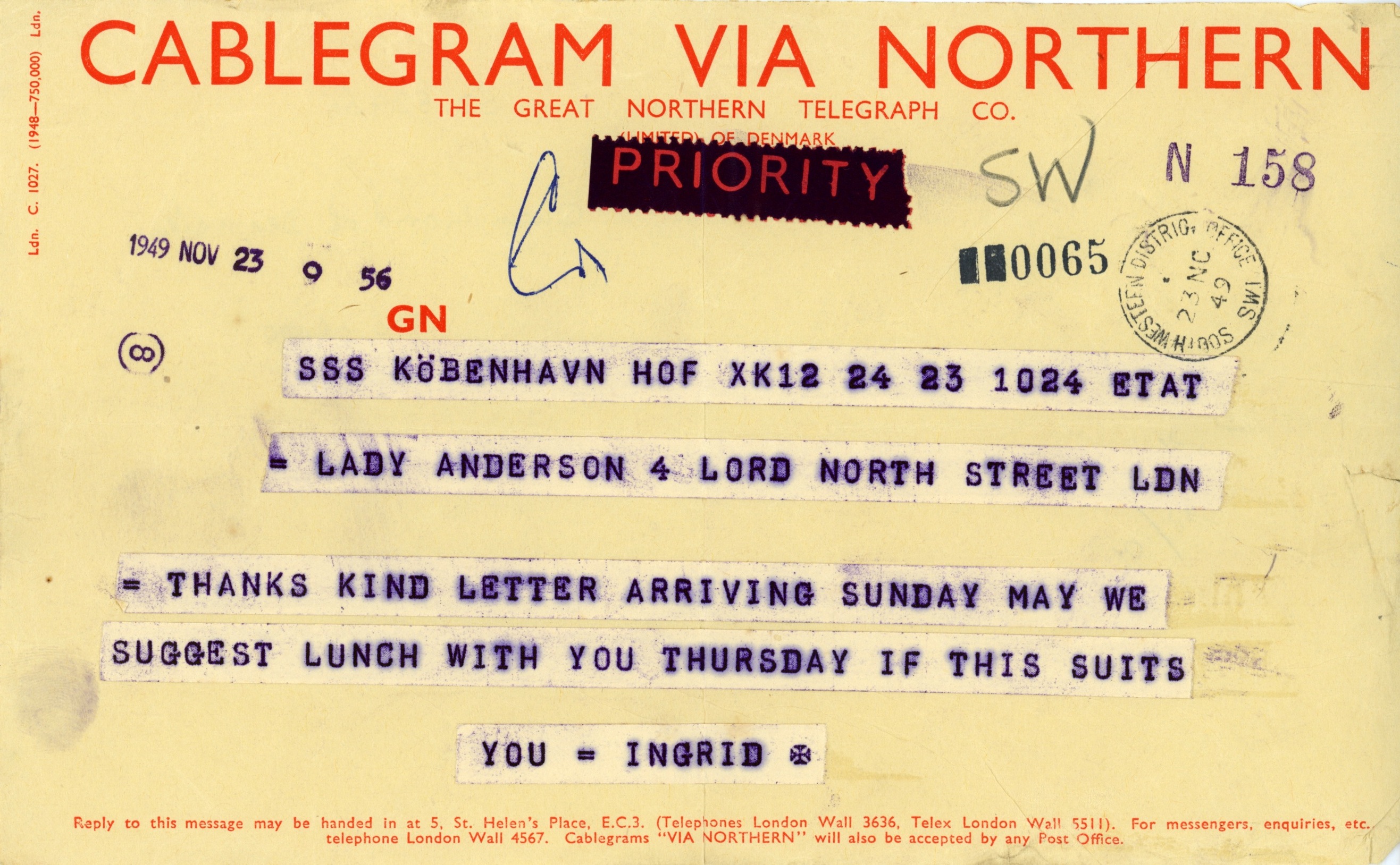 [INGRID — Cablegram as received in London by Ava, Lady Anderson, 1896-1974, | Sophie Dupré Autographs