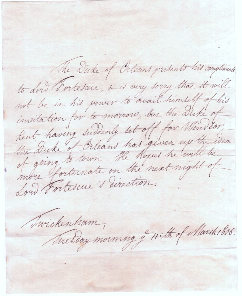 LOUIS PHILIPPE I — 2 Fine Autograph Letters in the third person, in English, as Duke of Orleans, | Sophie Dupré Autographs