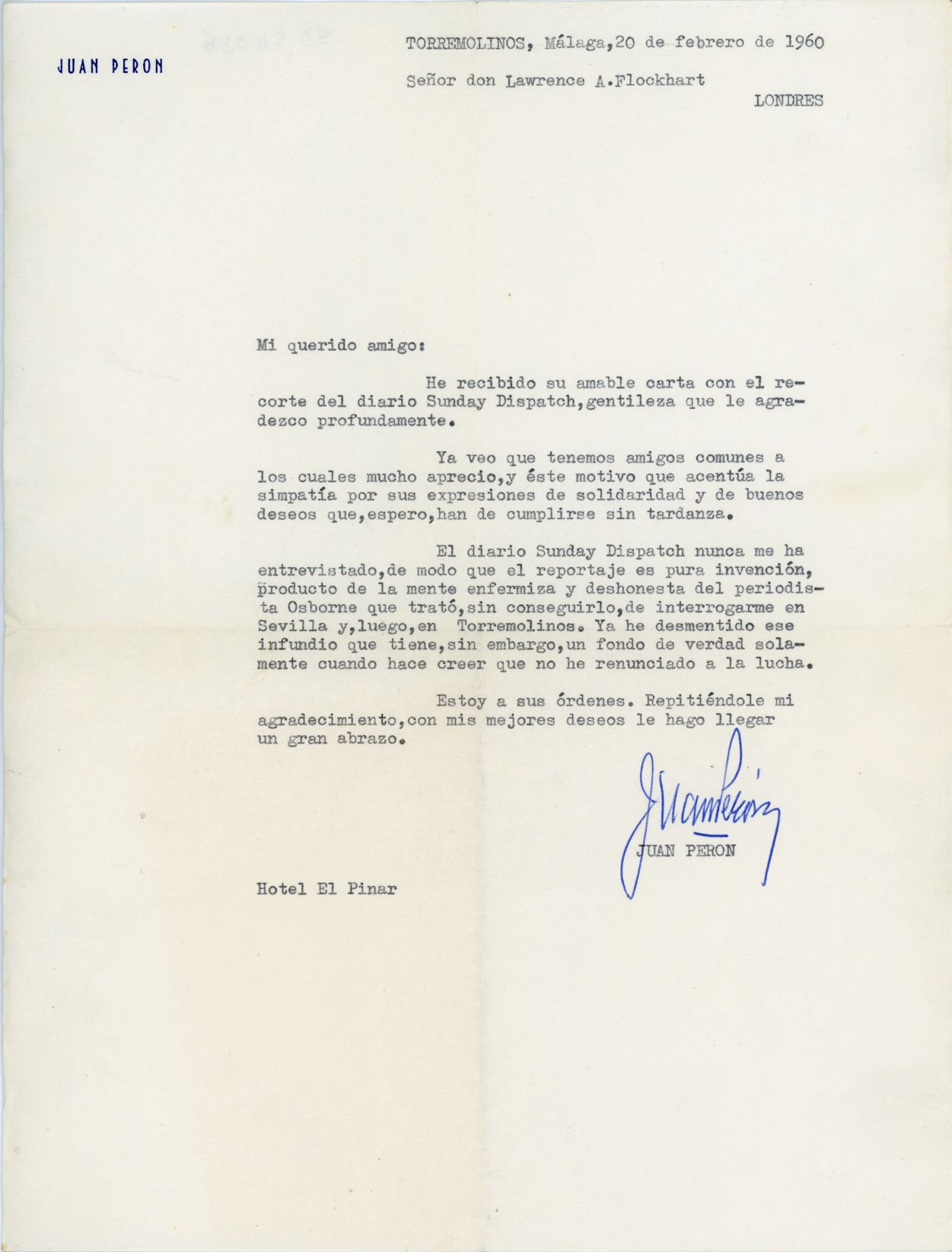 PERÓN — Typed Letter Signed, in Spanish with translation, to Lawrence A. Flockhart | Sophie Dupré Autographs