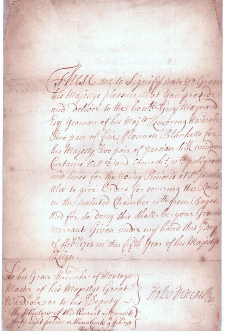 NEWCASTLE — Document Signed to John, Duke of MONTAGU, | Sophie Dupré Autographs
