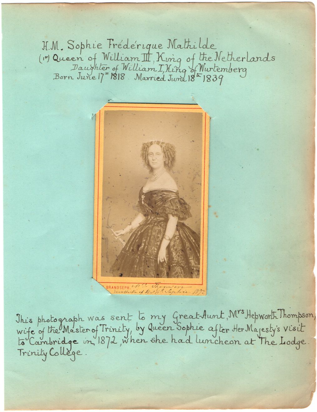 SOPHIE FREDERIKE MATHILDE — Carte-de-visite Portrait Photograph signed and inscribed | Sophie Dupré Autographs