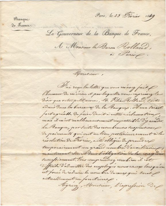 D'ARGOUT — Letter signed, in French with translation, to  Jean André Louis Rolland, | Sophie Dupré Autographs