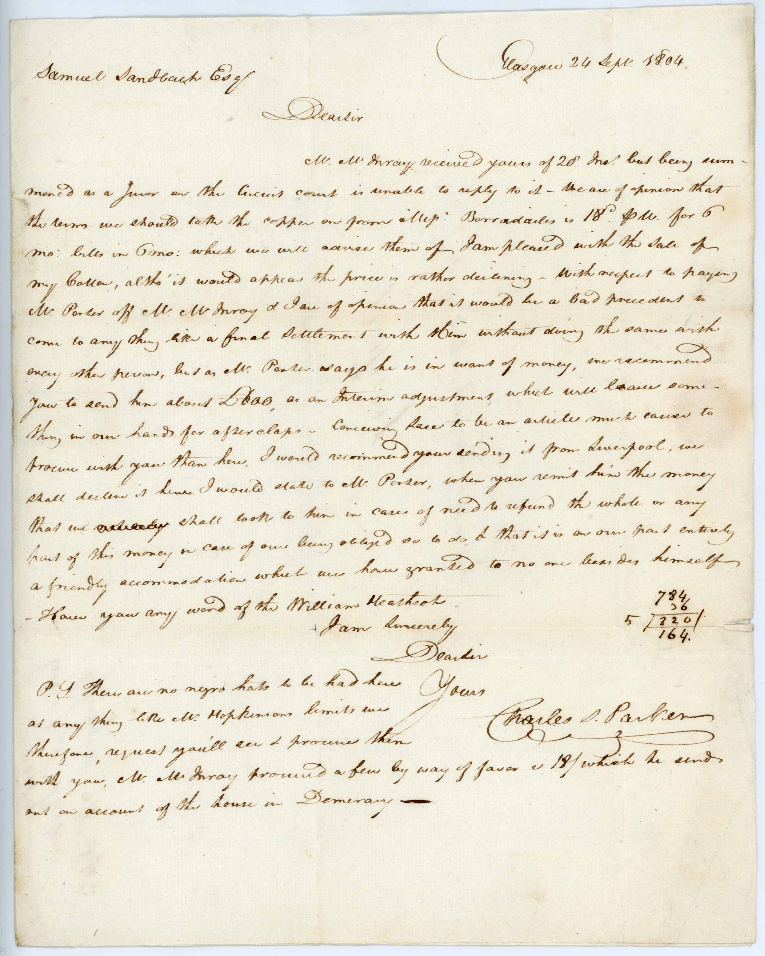 PARKER — Autograph letter signed to his partner  Samuel Sandbach | Sophie Dupré Autographs